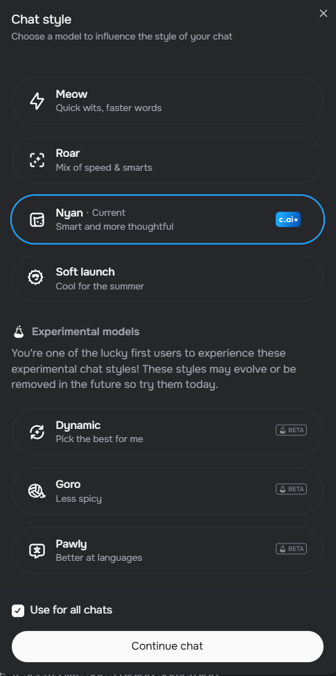 Character AI begrenzte Modelle